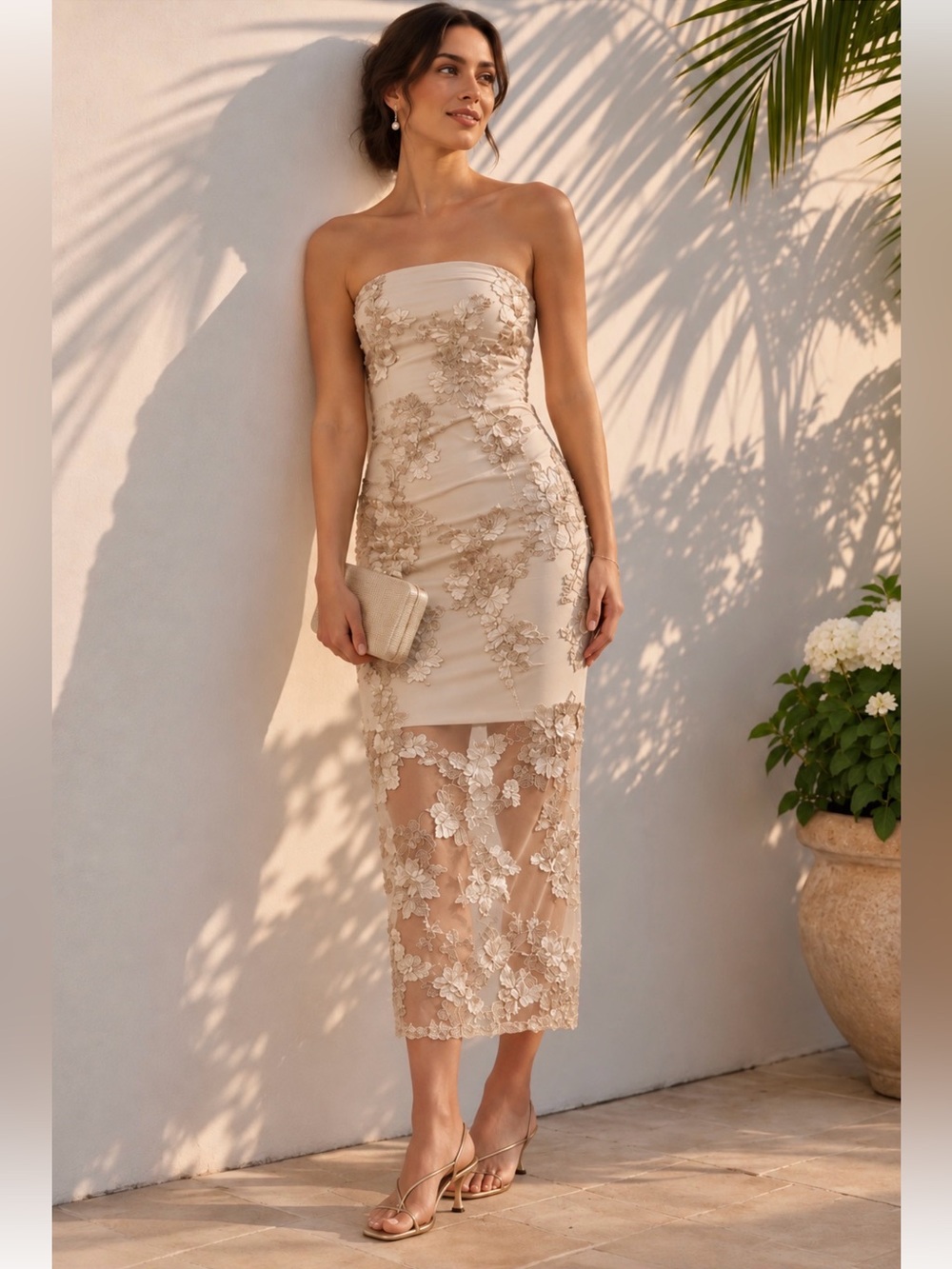 Camila Coelho Floral Applique Mesh Strapless Midi Dress Champagne NWT M